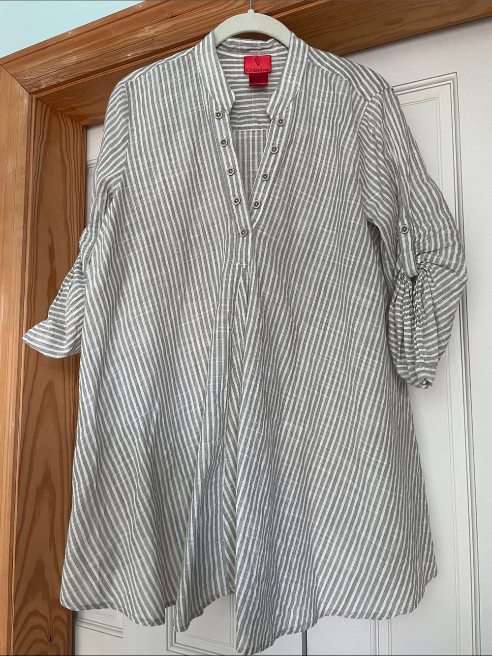 Christina Striped V-Neck Tunic Blouse in Gray and White
